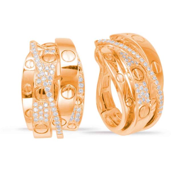 Two intertwined rose gold rings with sparkling stones, showcasing a unique design with circular patterns.