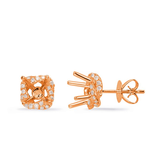 Two rose gold stud earrings with a square design featuring small, sparkling stones are displayed side by side.