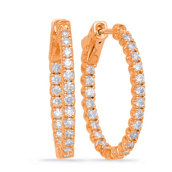 Two hoop earrings in rose gold adorned with small, sparkling diamonds are displayed side by side.