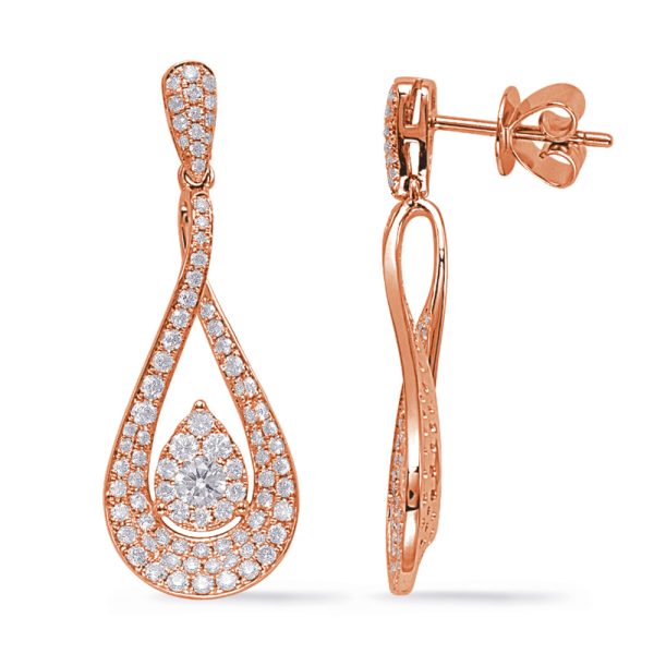 Rose gold drop earrings featuring a teardrop design adorned with small, round gemstones.