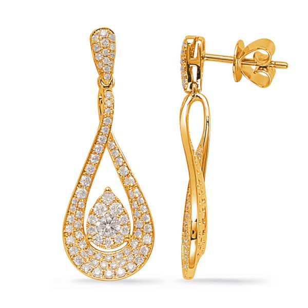 Gold teardrop earrings adorned with sparkling diamonds are displayed from multiple angles.