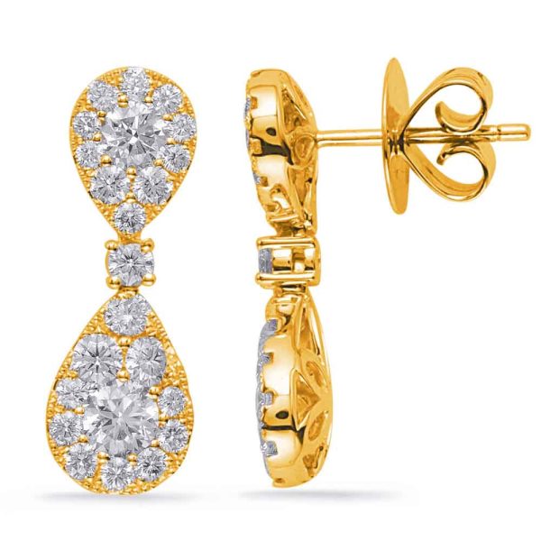 Gold earrings with a teardrop design feature multiple sparkling diamonds arranged in a decorative pattern.