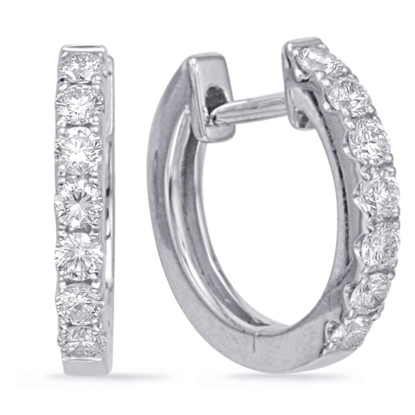 Silver hoop earrings with a row of visible diamonds on one side are displayed from two angles.