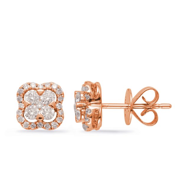Rose gold stud earrings featuring a floral design adorned with clear, sparkling gemstones.