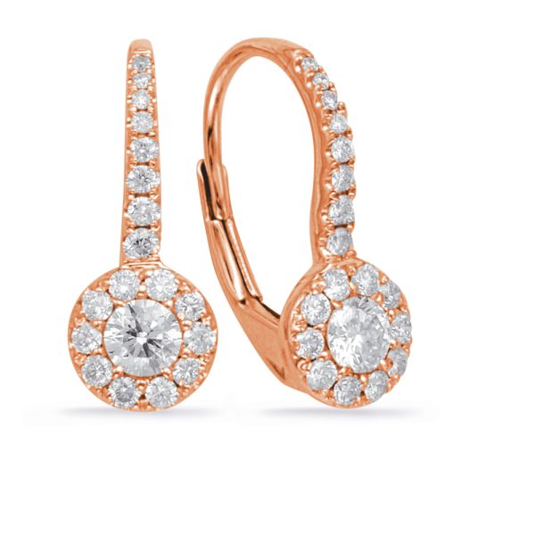 A pair of rose gold earrings with a circular design featuring a large center stone surrounded by smaller diamonds.