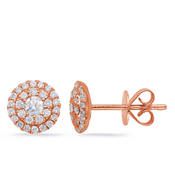 Round rose gold stud earrings feature a central diamond surrounded by smaller diamonds in a floral design.