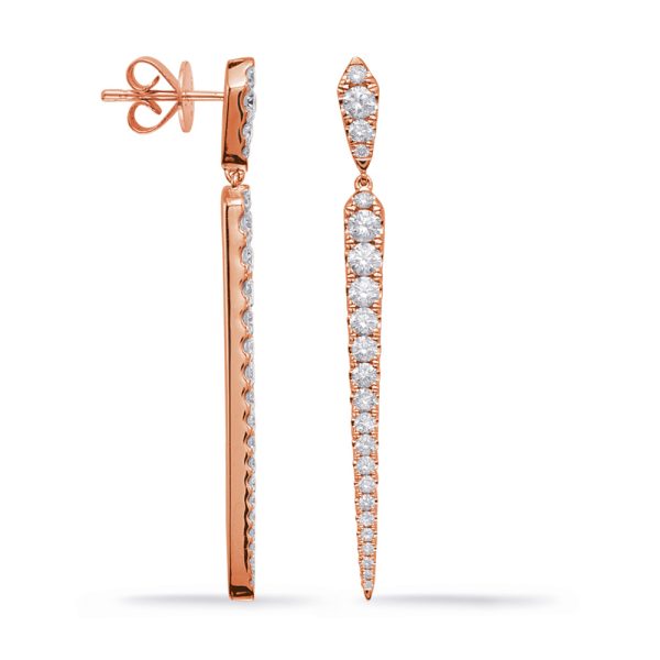 Rose gold earrings feature a long, slender design adorned with sparkling diamonds.