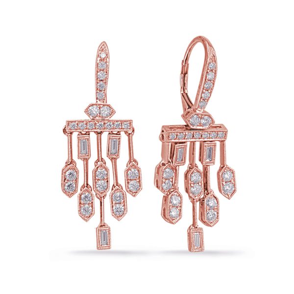 Rose gold chandelier earrings with multiple diamond-like accents are displayed against a white background.