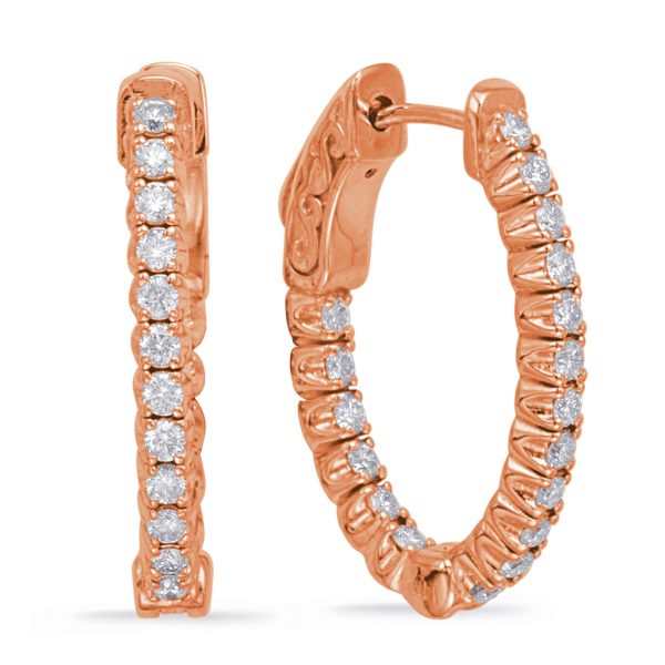 Two rose gold hoop earrings are displayed, featuring multiple small, round diamonds set along the outer edge.