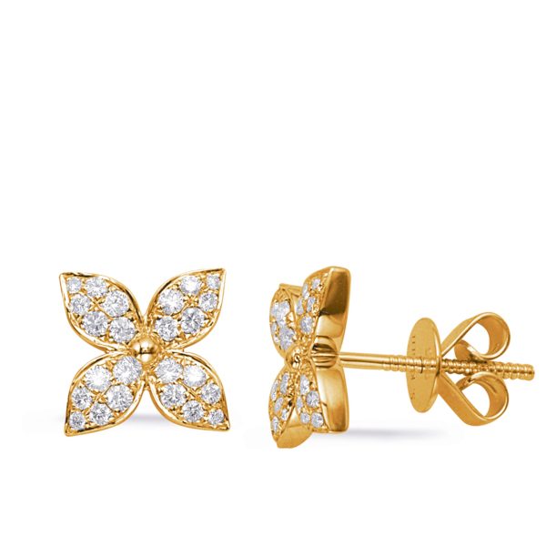 Gold flower-shaped earrings with diamond-like embellishments are displayed from two angles.