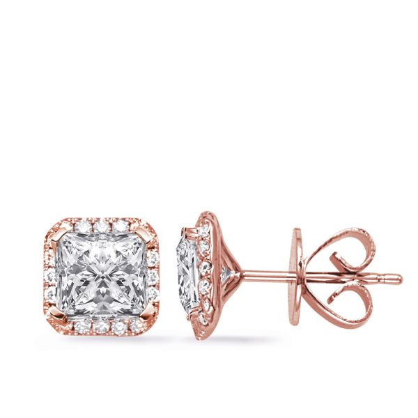 Square-cut diamond stud earrings with a rose gold setting are displayed side by side.