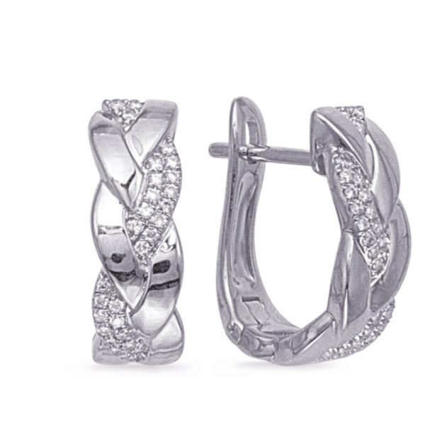 Silver hoop earrings featuring a twisted design and small embedded gemstones.