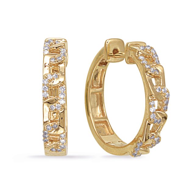 Gold hoop earrings featuring a chain link design with embedded clear gemstones.