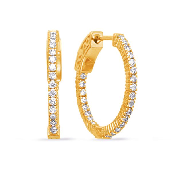 Gold hoop earrings with small clear stones arranged along the outer edge are displayed from two angles.