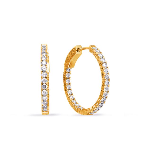 Gold hoop earrings adorned with sparkling stones are displayed from two angles.