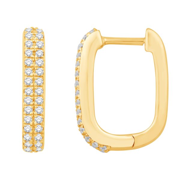 Gold hoop earrings with a diamond-like pattern are displayed side by side, highlighting their shiny surfaces and distinct shapes.