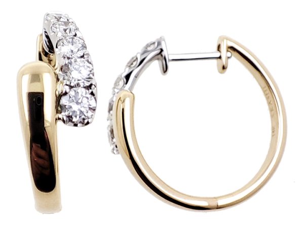 Gold and silver hoop earrings with clear gemstones displayed from two angles.