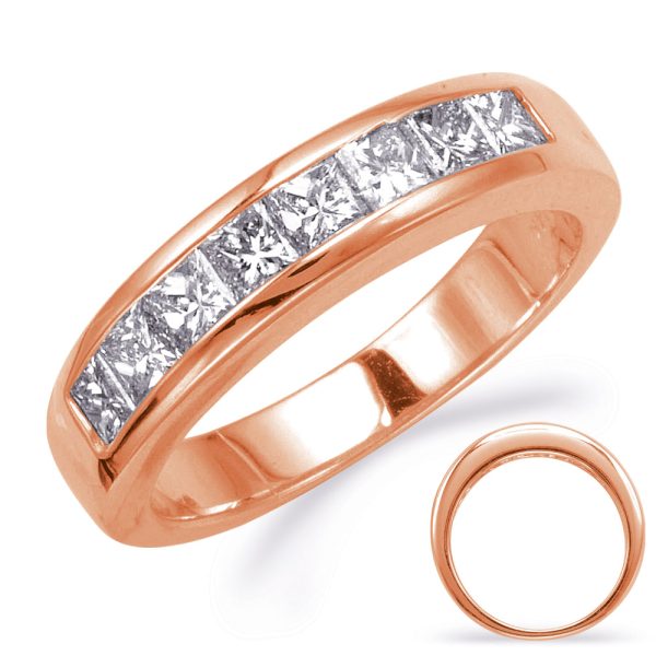 A rose gold ring features a row of six sparkling square-cut stones set in a straight band.