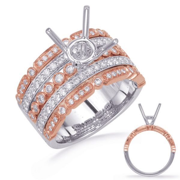 A multi-band ring featuring alternating silver and rose gold designs with clusters of small diamonds and a prominent setting for a central stone.