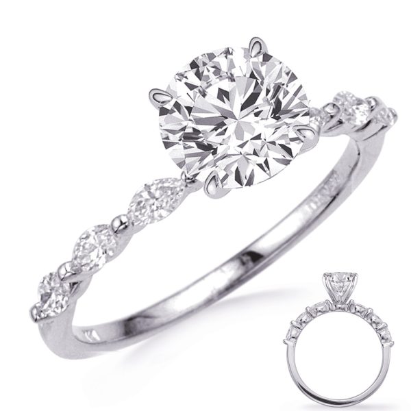A silver engagement ring features a large round diamond at the center, surrounded by smaller diamonds along the band.