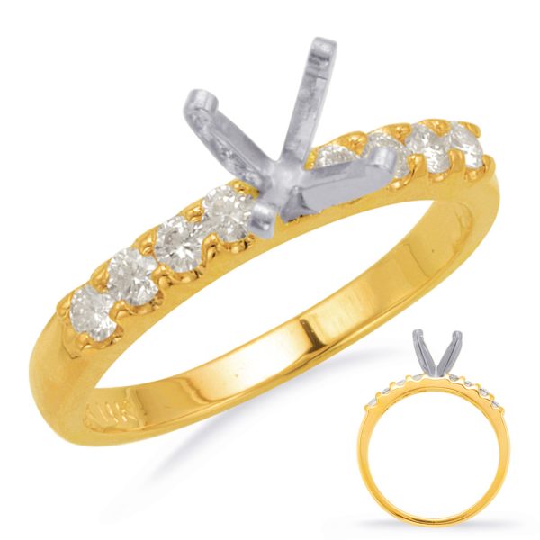 A gold ring with a row of clear gemstones and a raised silver setting is displayed alongside a simplified version of the same ring.