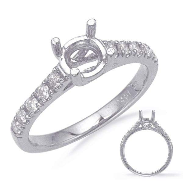 A silver engagement ring features a circular setting with four prongs and a row of small sparkling stones along the band.