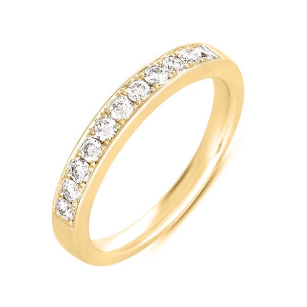 A gold ring with a row of small diamonds set along the top edge is displayed.