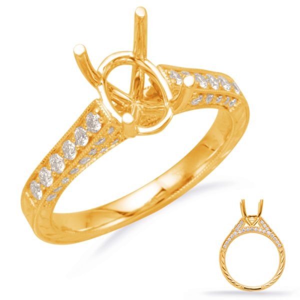A gold ring with diamond accents and a four-prong setting is displayed from multiple angles.