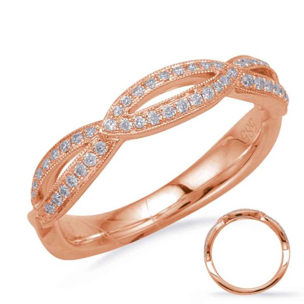 A rose gold ring with a twisted design is adorned with small clear stones, displayed alongside a close-up of its band.