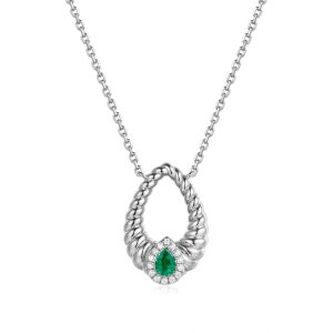 White Gold Diamond  & Emerald  Necklace